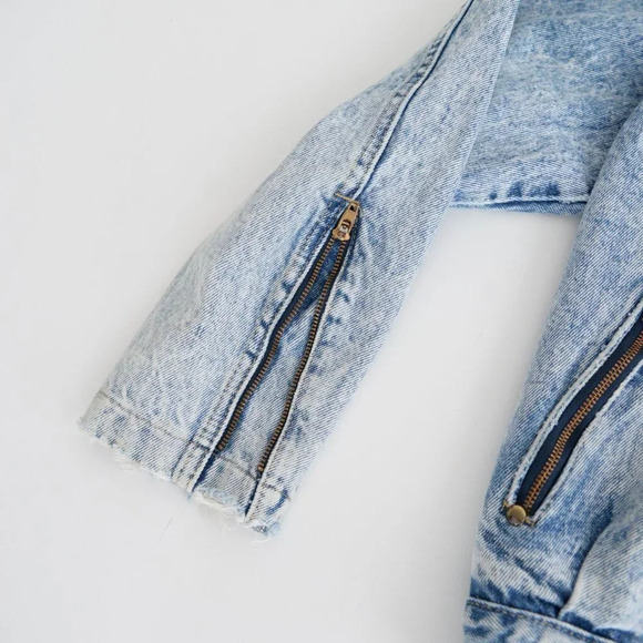 Vintage 80's Silver Denim Acid Wash Zip Up Biker Style Jacket  Size Medium - Picture 8 of 11